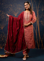 Vellora Silk Blend Peach Party Wear Embroidery Work Readymade Salwar Suit - Distacart