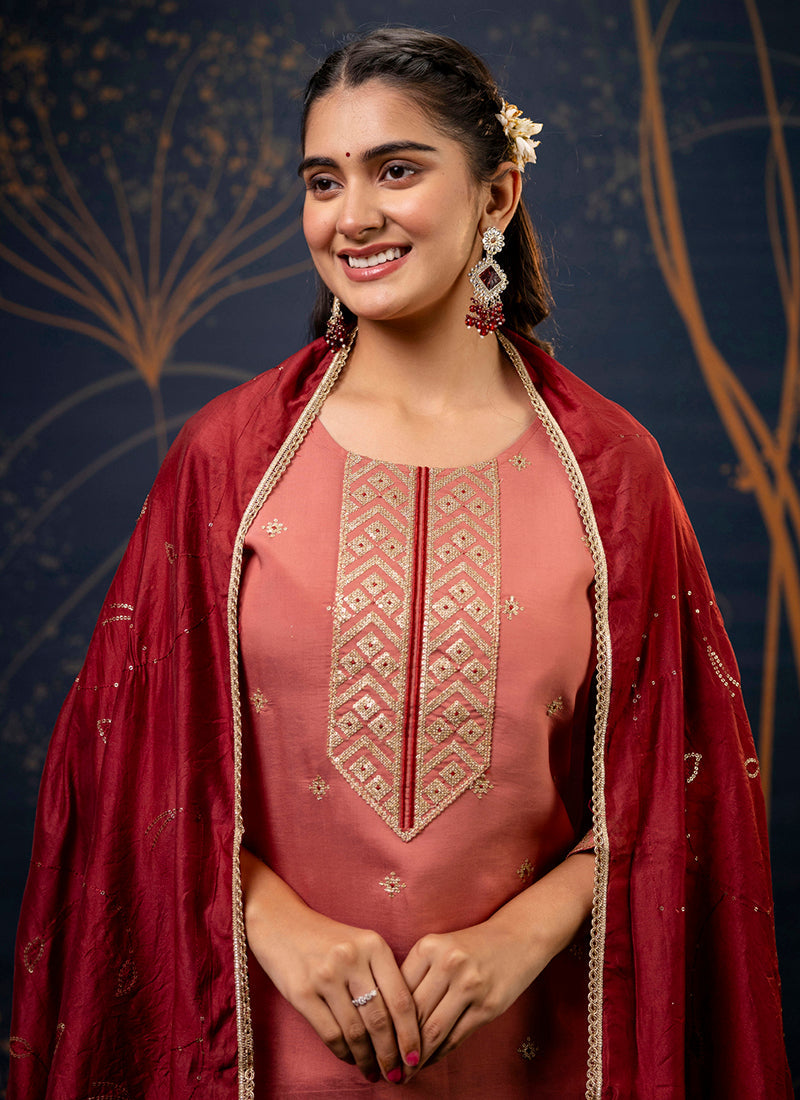 Vellora Silk Blend Peach Party Wear Embroidery Work Readymade Salwar Suit - Distacart