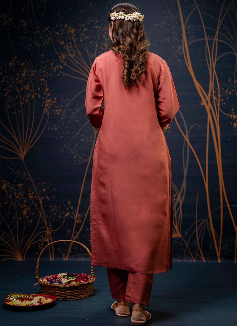 Vellora Silk Blend Peach Party Wear Embroidery Work Readymade Salwar Suit - Distacart