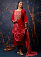 Vellora Silk Blend Red Party Wear Embroidery Work Readymade Salwar Suit - Distacart