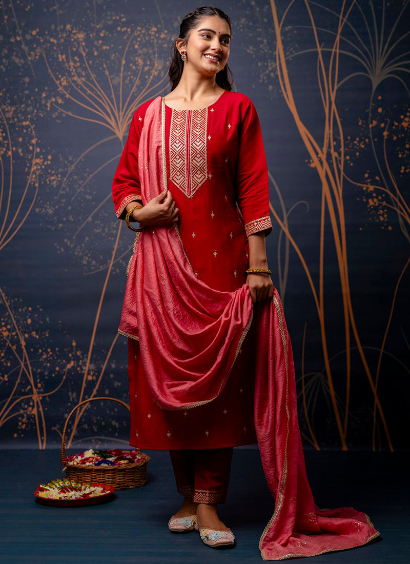 Vellora Silk Blend Red Party Wear Embroidery Work Readymade Salwar Suit - Distacart