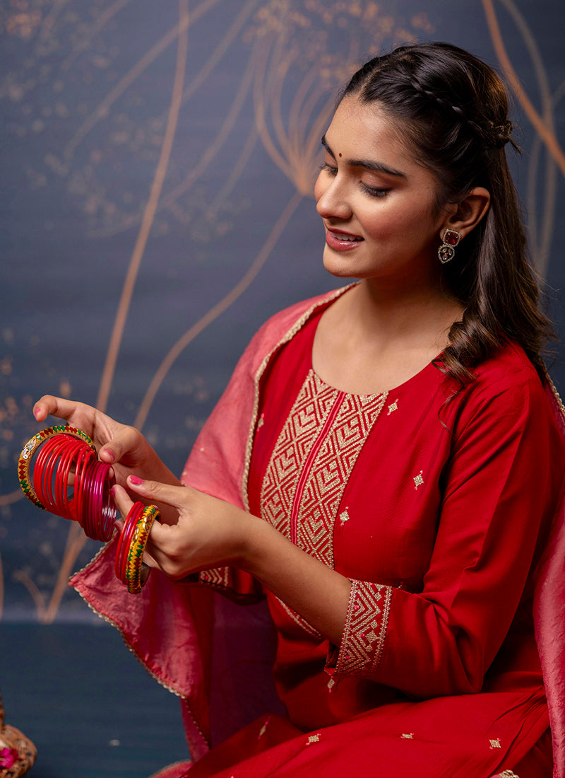 Vellora Silk Blend Red Party Wear Embroidery Work Readymade Salwar Suit - Distacart