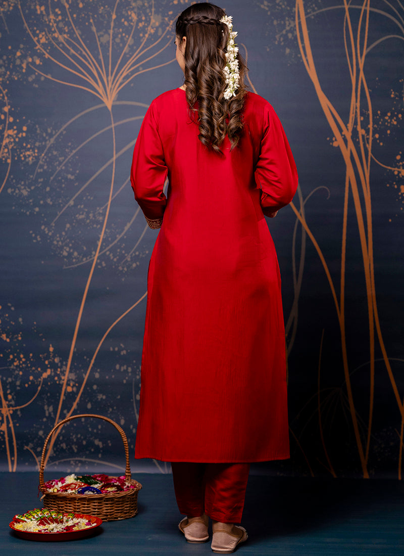 Vellora Silk Blend Red Party Wear Embroidery Work Readymade Salwar Suit - Distacart