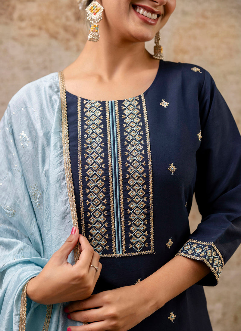 Vellora Silk Blend Navy Blue Party Wear Embroidery Work Readymade Salwar Suit - Distacart