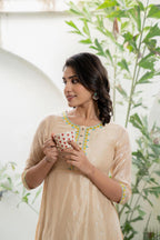 Juniper Women's Beige Soild Chanderi Dress & Inner With Thread & Mirror Work - Distacart