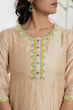Juniper Women's Beige Soild Chanderi Dress & Inner With Thread & Mirror Work - Distacart