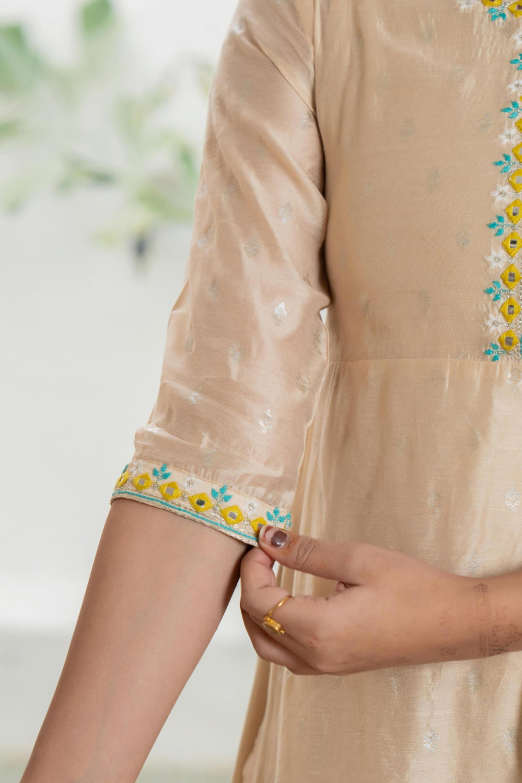 Juniper Women's Beige Soild Chanderi Dress & Inner With Thread & Mirror Work - Distacart