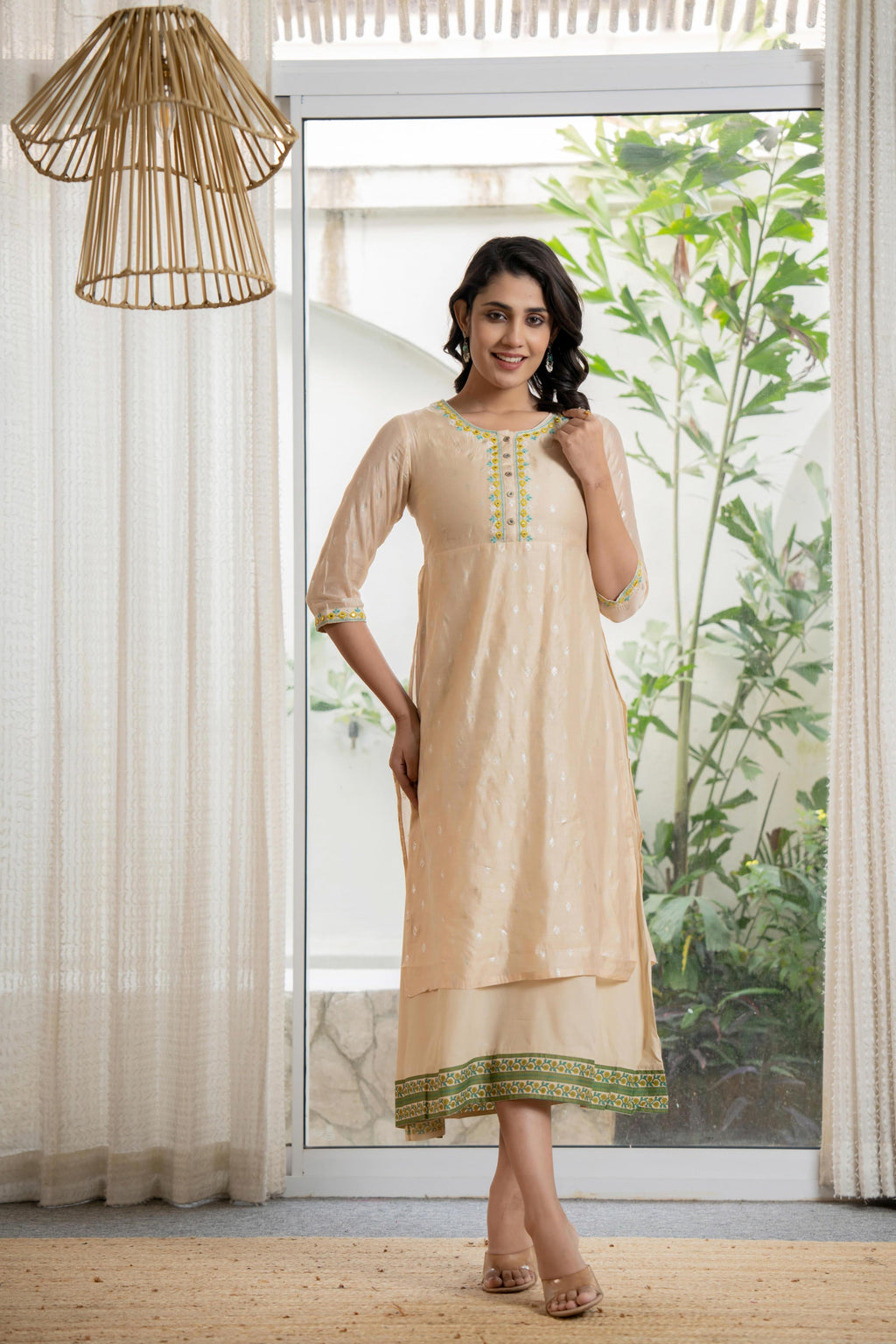 Juniper Women's Beige Soild Chanderi Dress & Inner With Thread & Mirror Work - Distacart