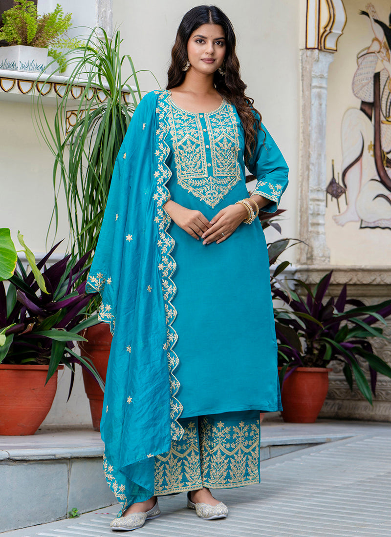 Vellora Silk Blend Blue Party Wear Embroidery Work Readymade Salwar Suit - Distacart