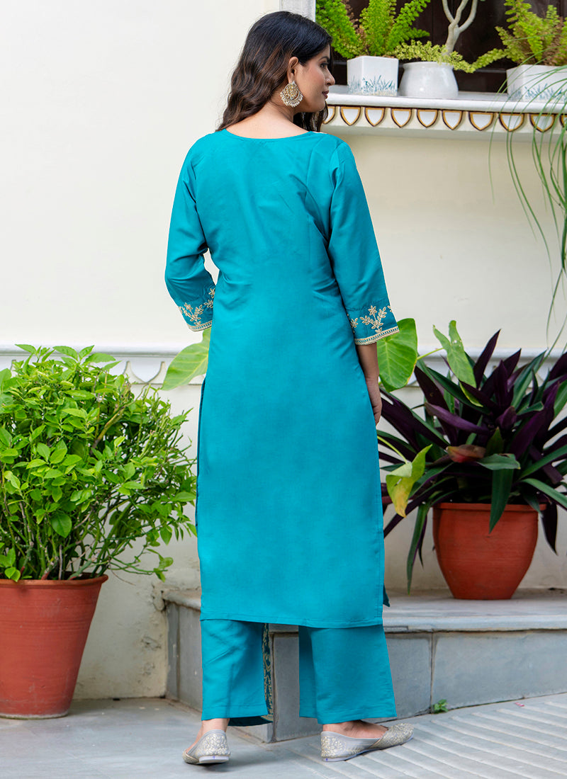Vellora Silk Blend Blue Party Wear Embroidery Work Readymade Salwar Suit - Distacart