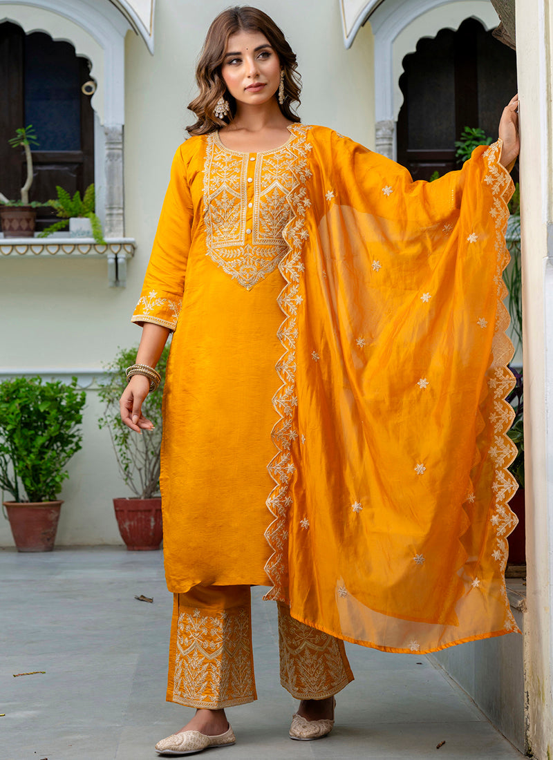 Vellora Silk Blend Mustard Party Wear Embroidery Work Readymade Salwar Suit - Distacart