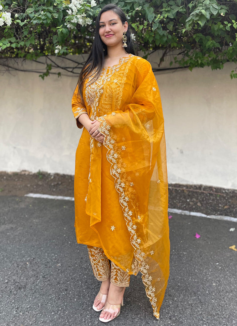 Vellora Silk Blend Mustard Party Wear Embroidery Work Readymade Salwar Suit - Distacart