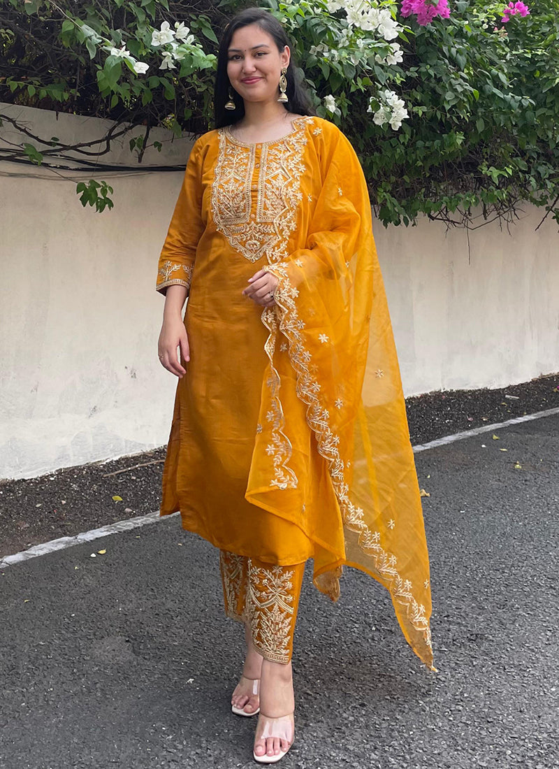 Vellora Silk Blend Mustard Party Wear Embroidery Work Readymade Salwar Suit - Distacart