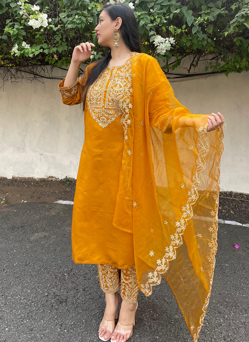 Vellora Silk Blend Mustard Party Wear Embroidery Work Readymade Salwar Suit - Distacart