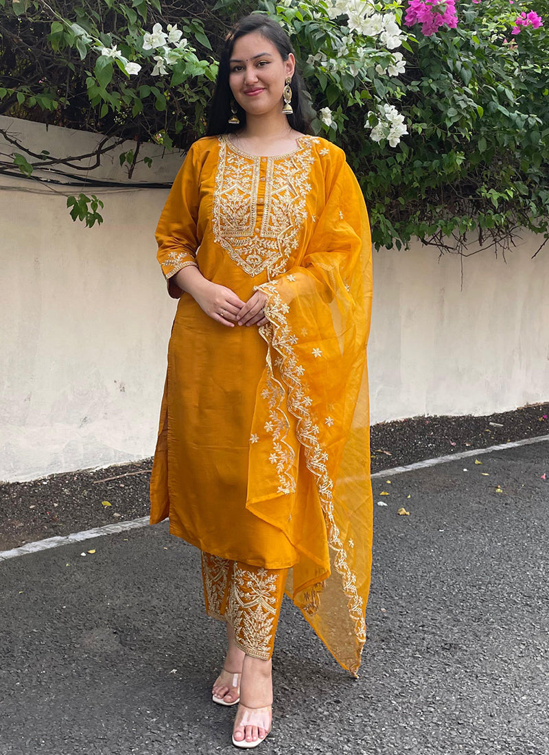 Vellora Silk Blend Mustard Party Wear Embroidery Work Readymade Salwar Suit - Distacart