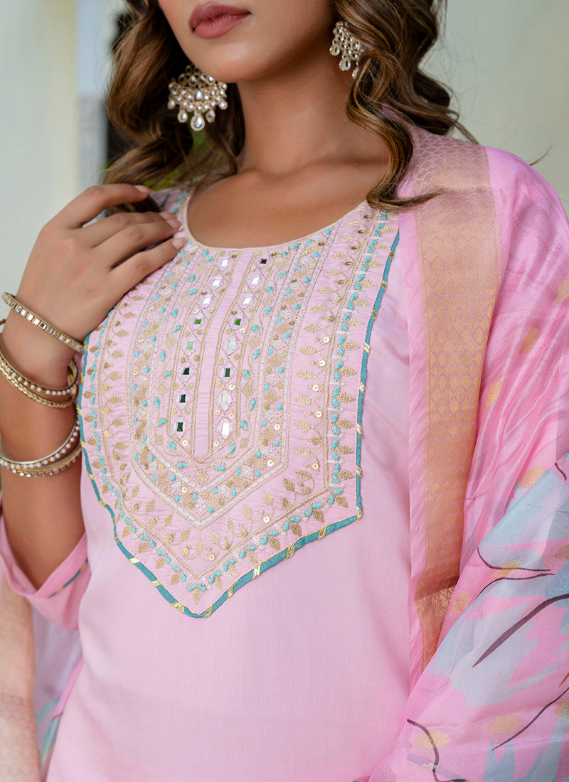 Vellora Silk Blend Baby Pink Party Wear Embroidery Work Readymade Salwar Suit - Distacart