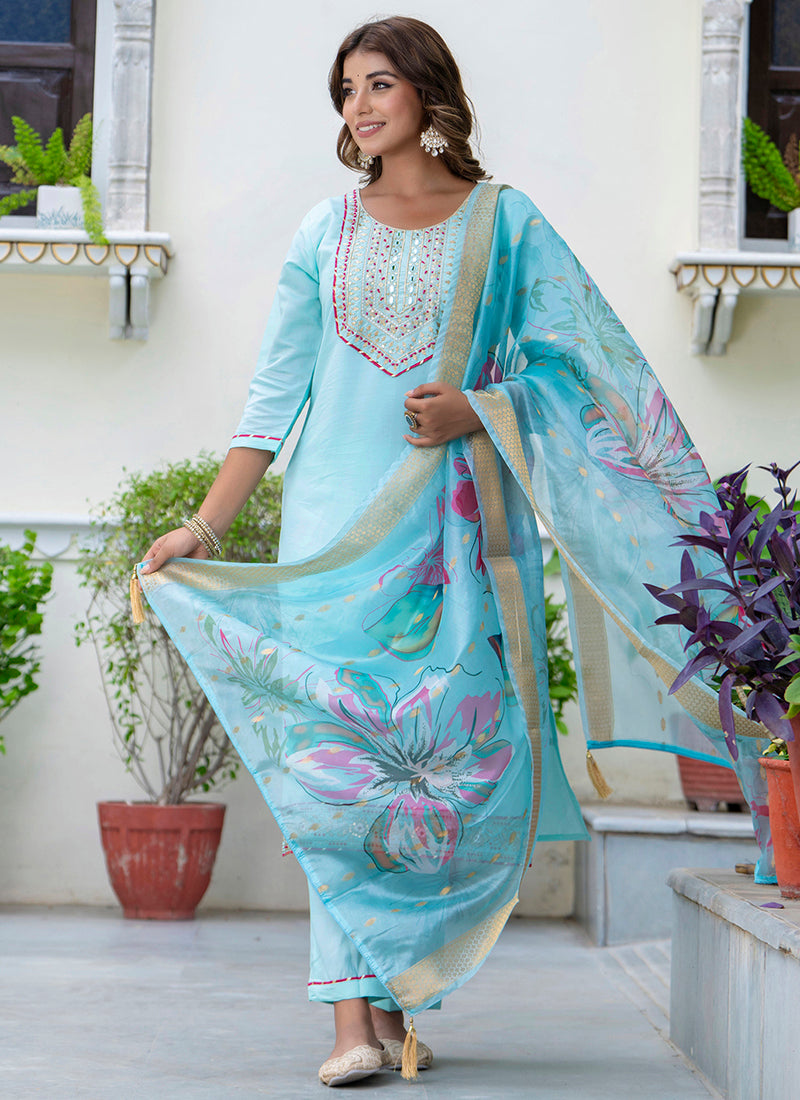 Vellora Silk Blend Sky Blue Party Wear Embroidery Work Readymade Salwar Suit - Distacart