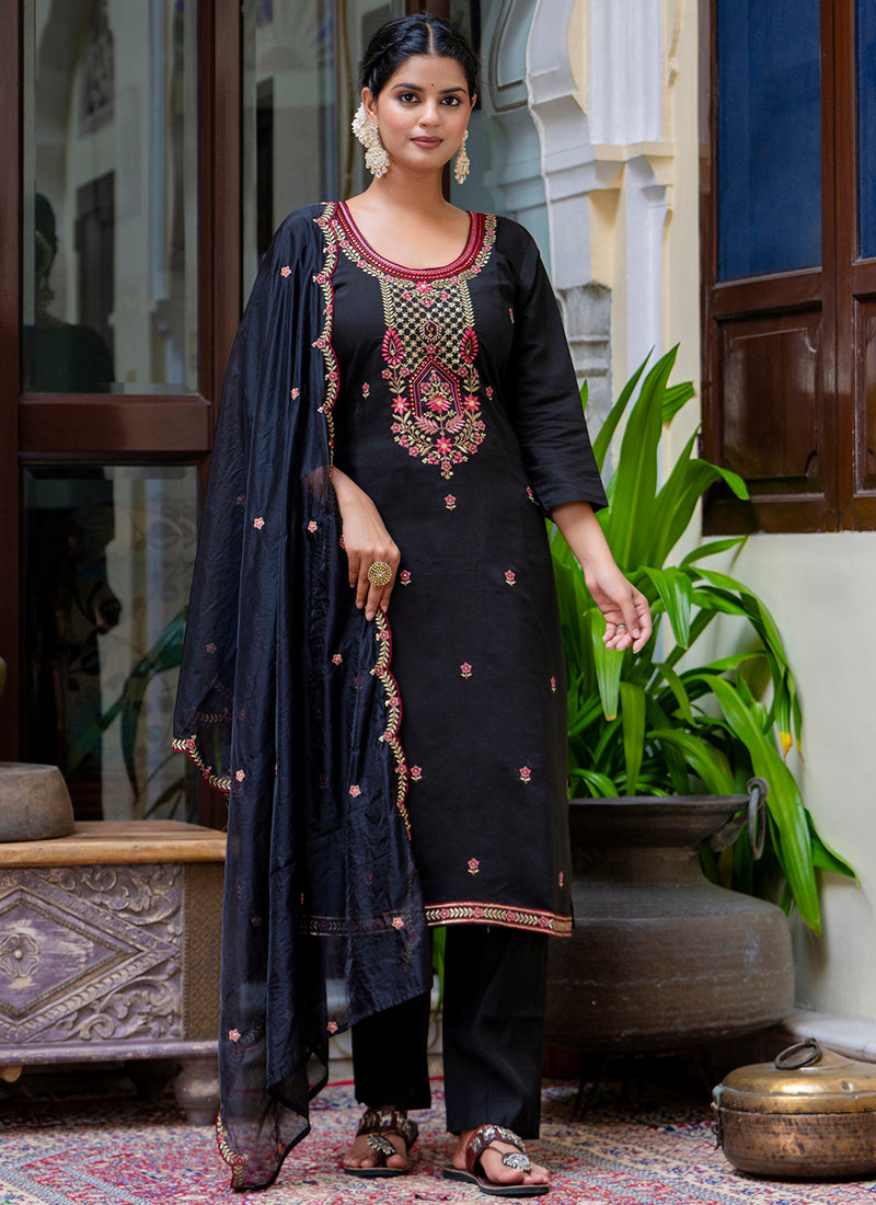 Vellora Silk Blend Black Party Wear Embroidery Work Readymade Salwar Suit - Distacart