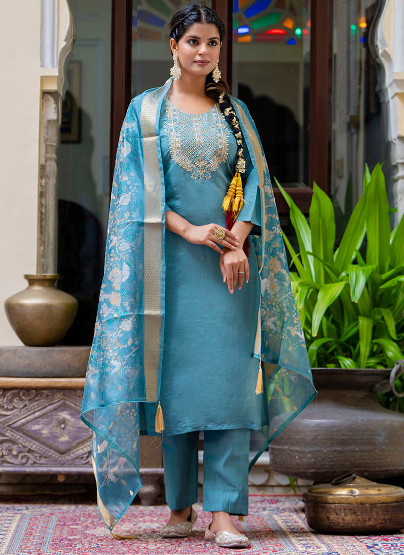 Vellora Silk Blend Blue Party Wear Embroidery Work Readymade Salwar Suit - Distacart