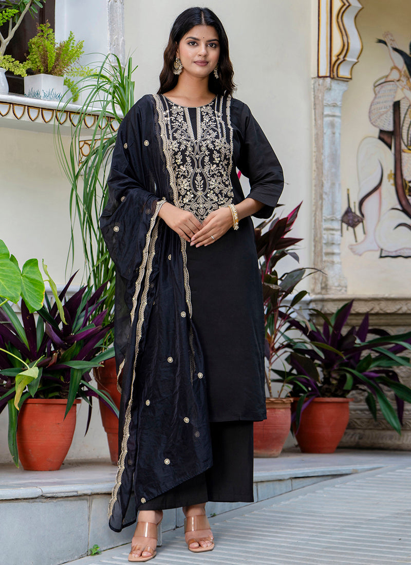 Vellora Silk Blend Black Party Wear Embroidery Work Readymade Salwar Suit - Distacart