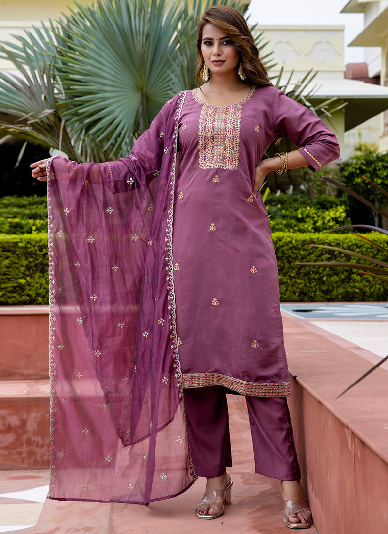 Vellora Silk Blend Lavender Occasional Wear Embroidery Work Readymade Salwar Suit - Distacart
