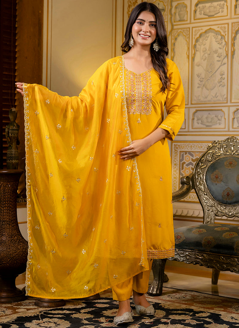 Vellora Silk Blend Mustard Occasional Wear Embroidery Work Readymade Salwar Suit - Distacart