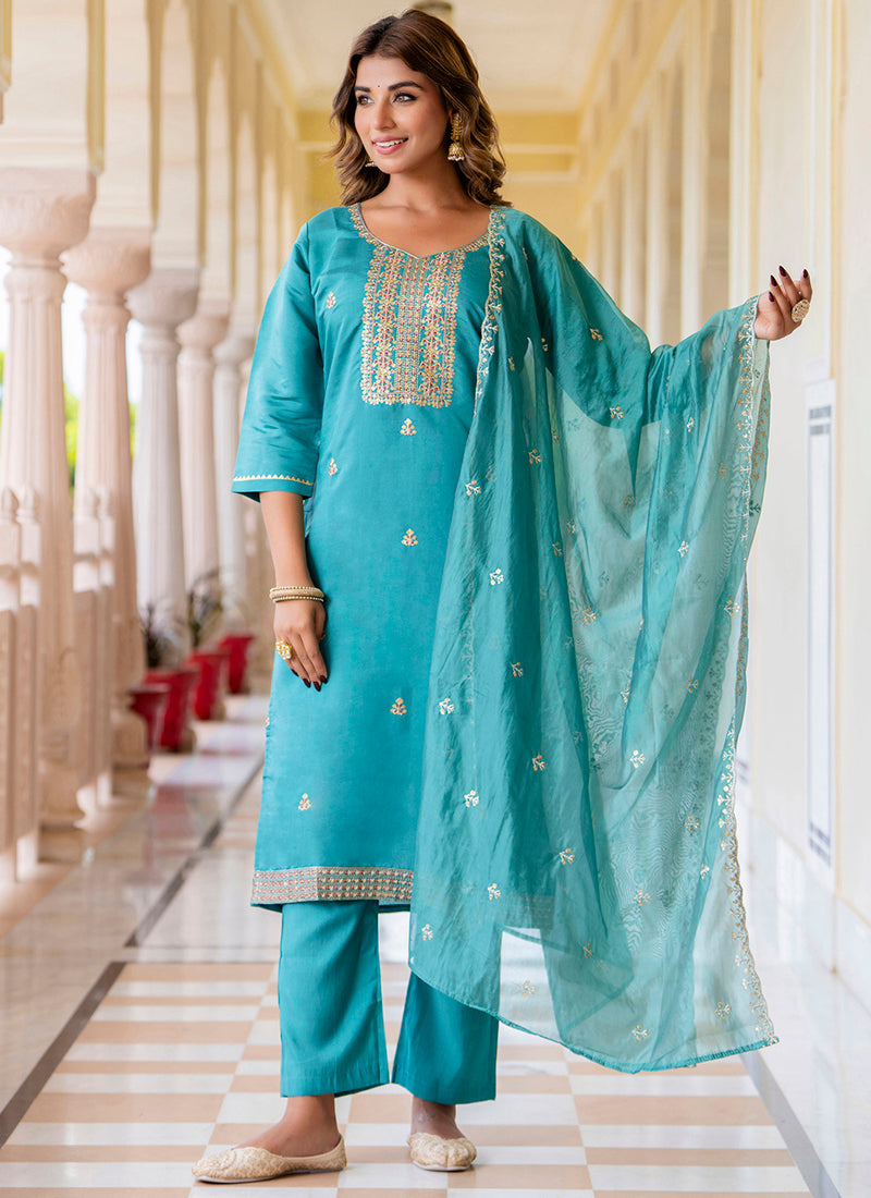 Vellora Silk Blend Blue Occasional Wear Embroidery Work Readymade Salwar Suit - Distacart