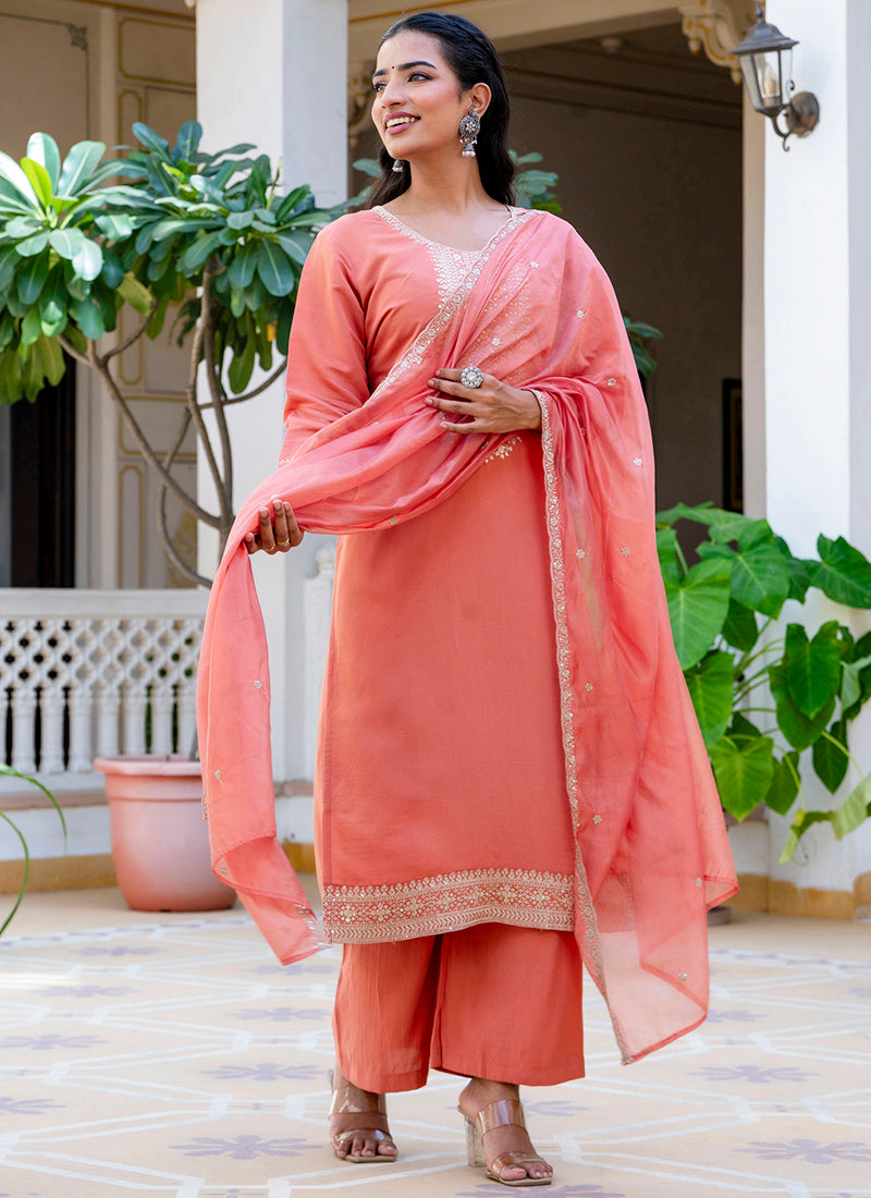 Vellora Silk Blend Peach Casual Wear Embroidery Work Readymade Salwar Suit - Distacart