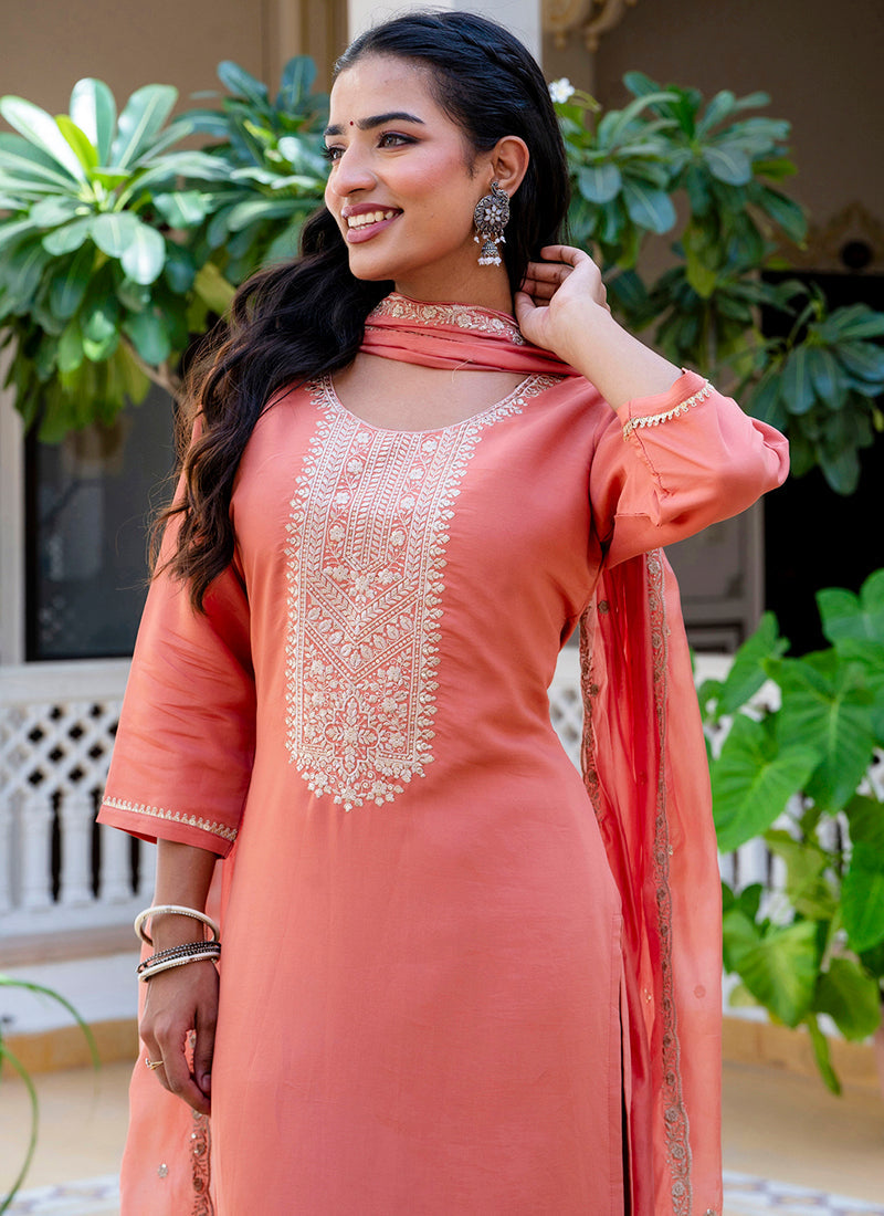 Vellora Silk Blend Peach Casual Wear Embroidery Work Readymade Salwar Suit - Distacart