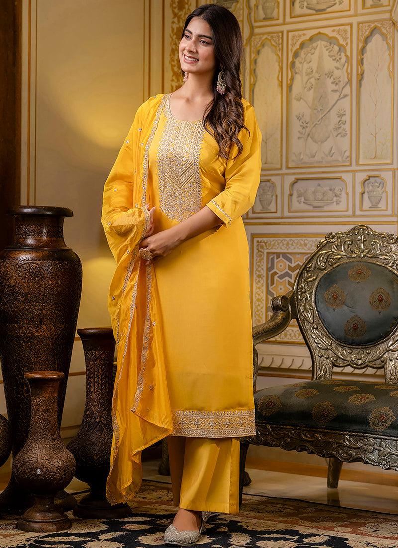 Vellora Silk Blend Yellow Casual Wear Embroidery Work Readymade Salwar Suit - Distacart