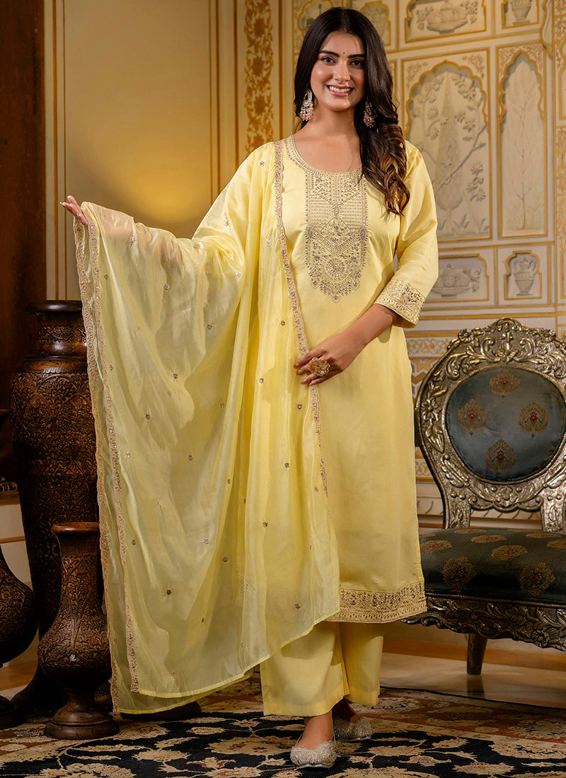 Vellora Silk Blend Light Yellow Casual Wear Embroidery Work Readymade Salwar Suit - Distacart