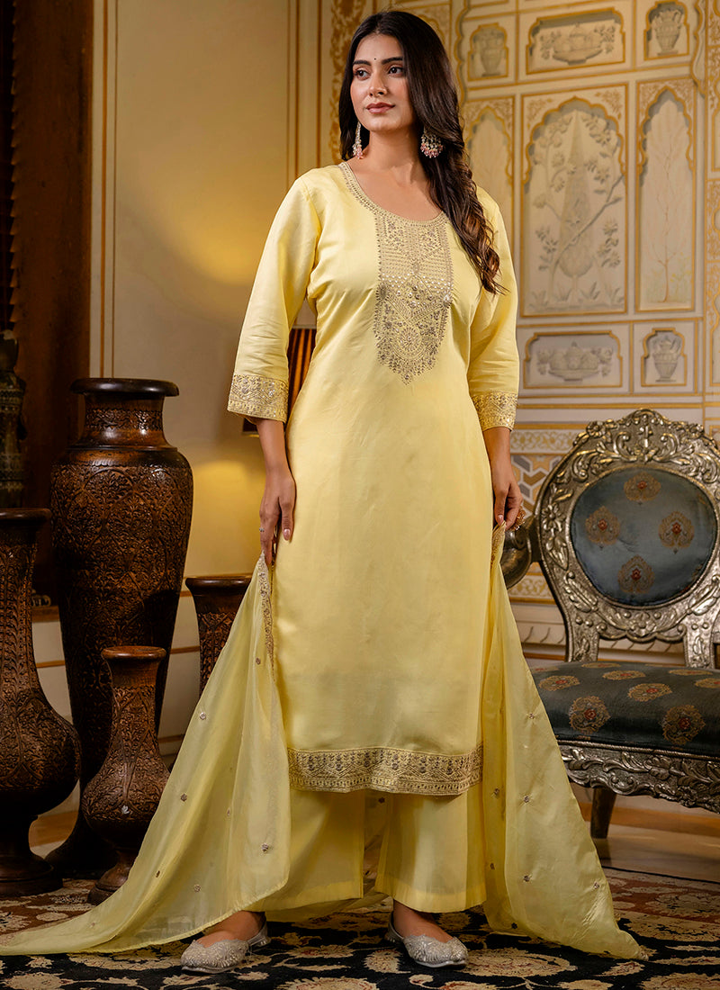 Vellora Silk Blend Light Yellow Casual Wear Embroidery Work Readymade Salwar Suit - Distacart