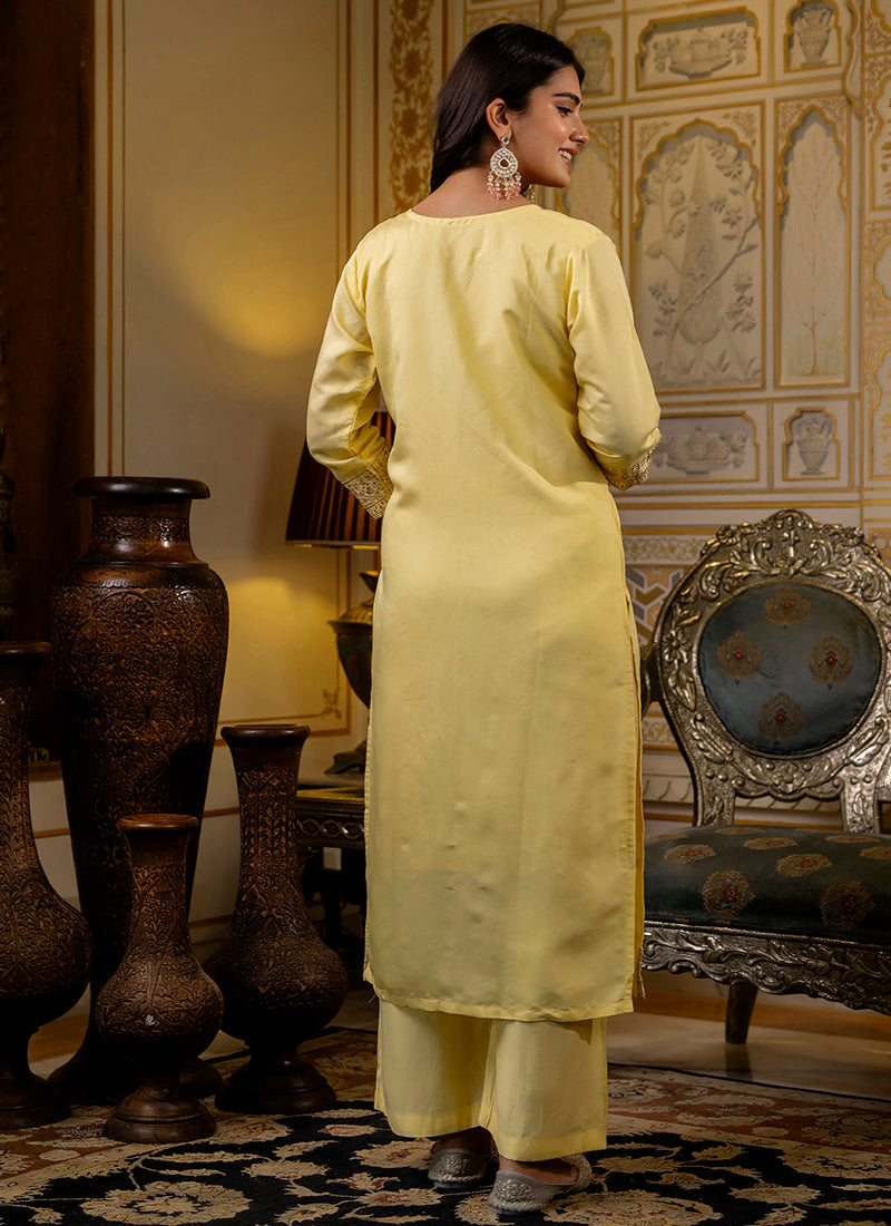 Vellora Silk Blend Light Yellow Casual Wear Embroidery Work Readymade Salwar Suit - Distacart