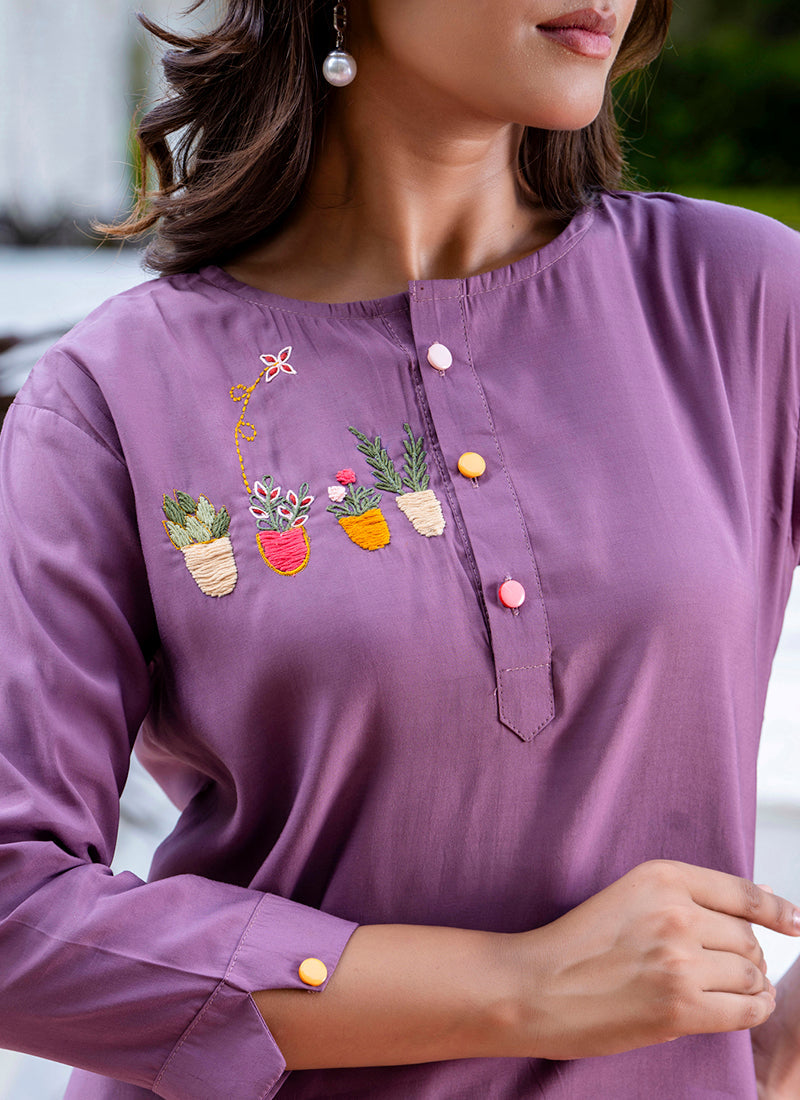 Vellora Silk Blend Lavender Casual Wear Hand Work Readymade Salwar Suit - Distacart