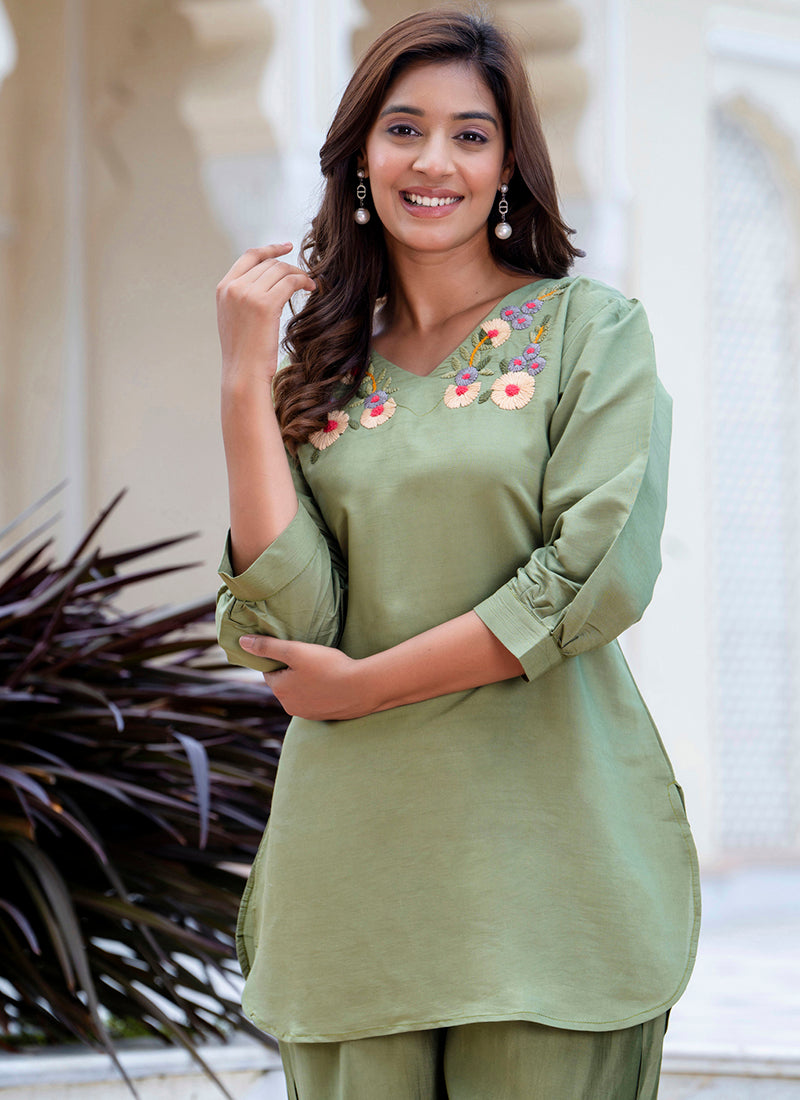 Vellora Silk Blend Pista Casual Wear Hand Work Readymade Salwar Suit - Distacart