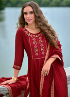 Vellora Vichitra Silk Red Party Wear Embroidery Work Readymade Salwar Suit - Distacart
