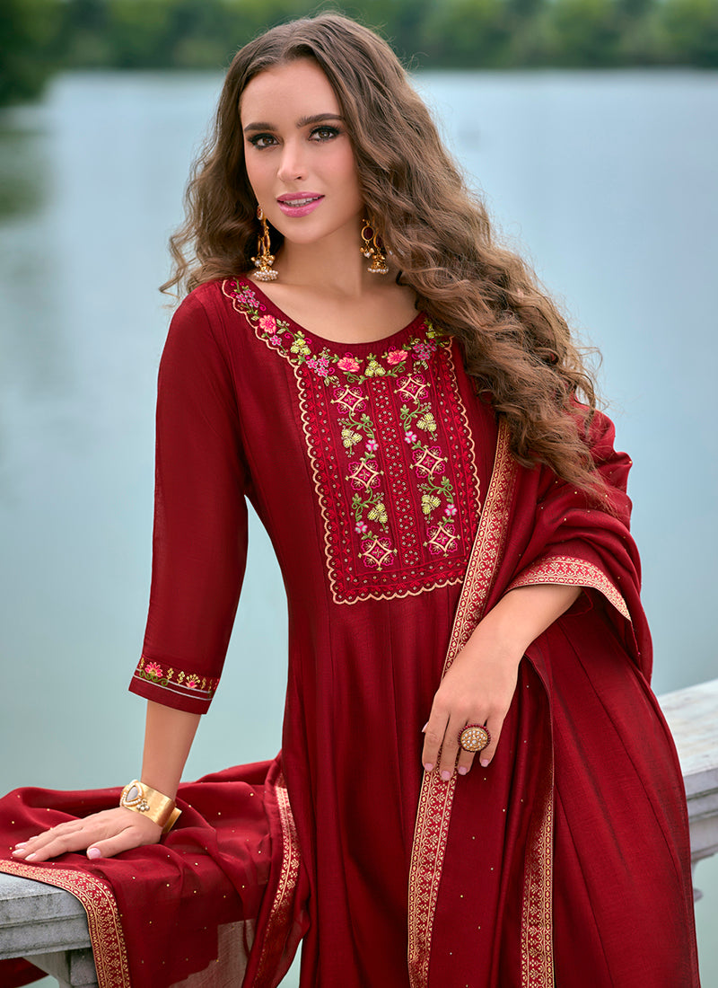 Vellora Vichitra Silk Red Party Wear Embroidery Work Readymade Salwar Suit - Distacart