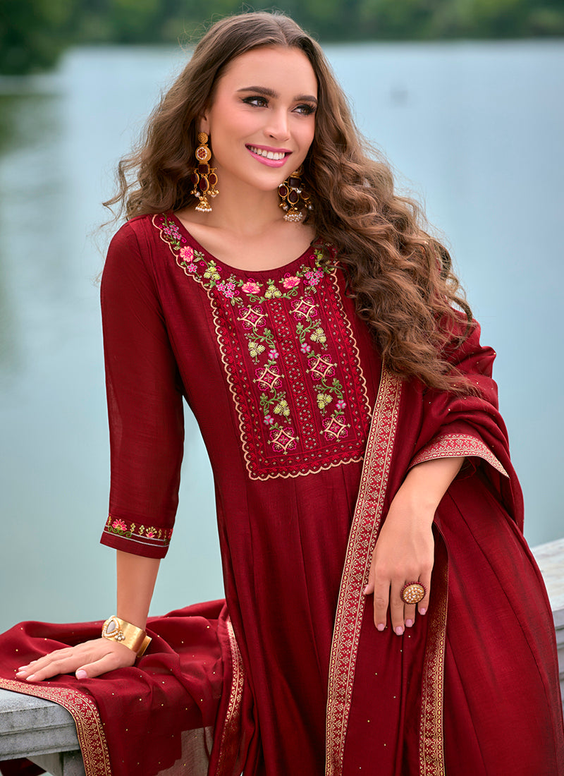 Vellora Vichitra Silk Red Party Wear Embroidery Work Readymade Salwar Suit - Distacart