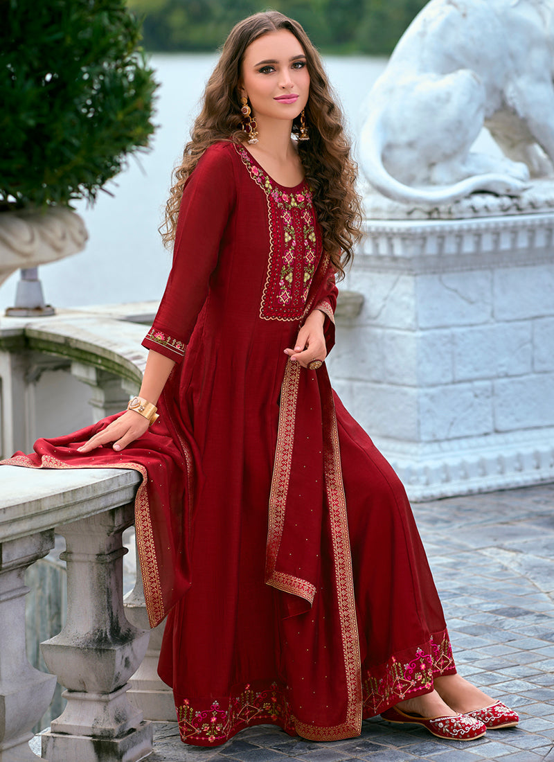 Vellora Vichitra Silk Red Party Wear Embroidery Work Readymade Salwar Suit - Distacart