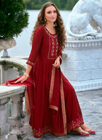 Vellora Vichitra Silk Red Party Wear Embroidery Work Readymade Salwar Suit - Distacart