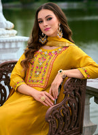 Vellora Vichitra Silk Mustard Party Wear Embroidery Work Readymade Salwar Suit - Distacart