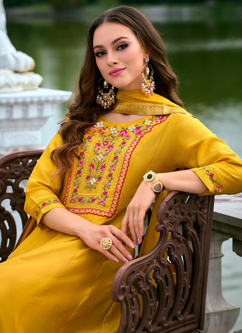 Vellora Vichitra Silk Mustard Party Wear Embroidery Work Readymade Salwar Suit - Distacart
