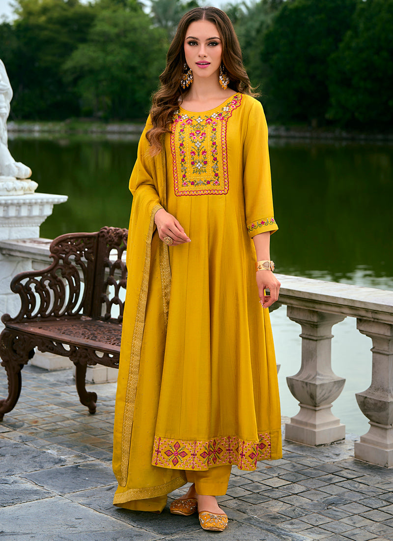 Vellora Vichitra Silk Mustard Party Wear Embroidery Work Readymade Salwar Suit - Distacart
