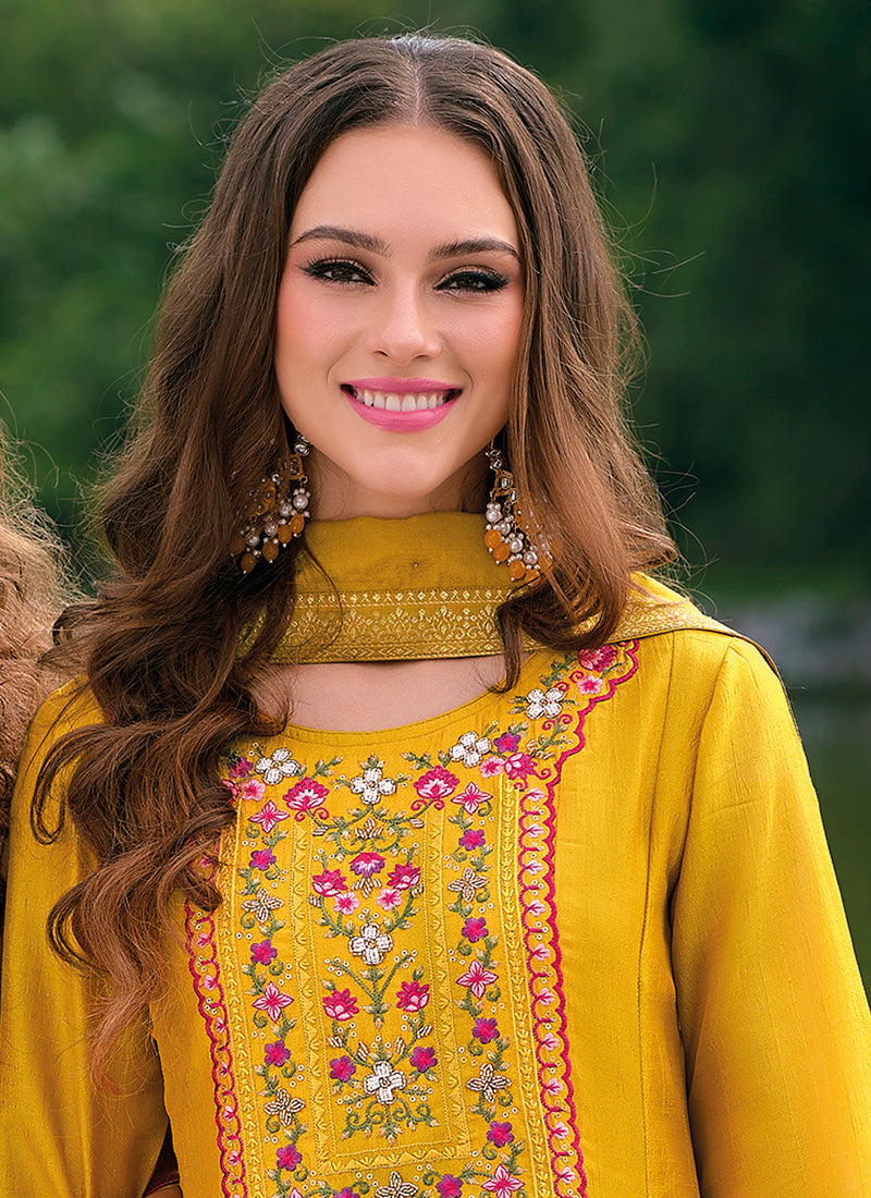 Vellora Vichitra Silk Mustard Party Wear Embroidery Work Readymade Salwar Suit - Distacart