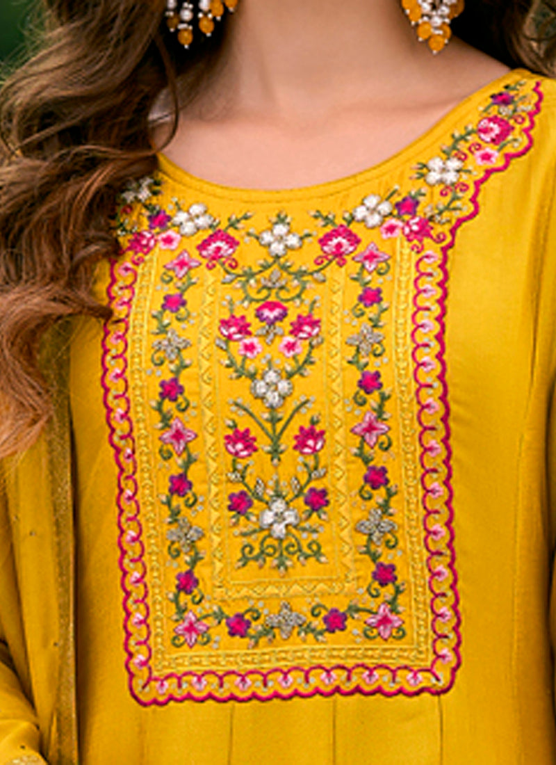 Vellora Vichitra Silk Mustard Party Wear Embroidery Work Readymade Salwar Suit - Distacart