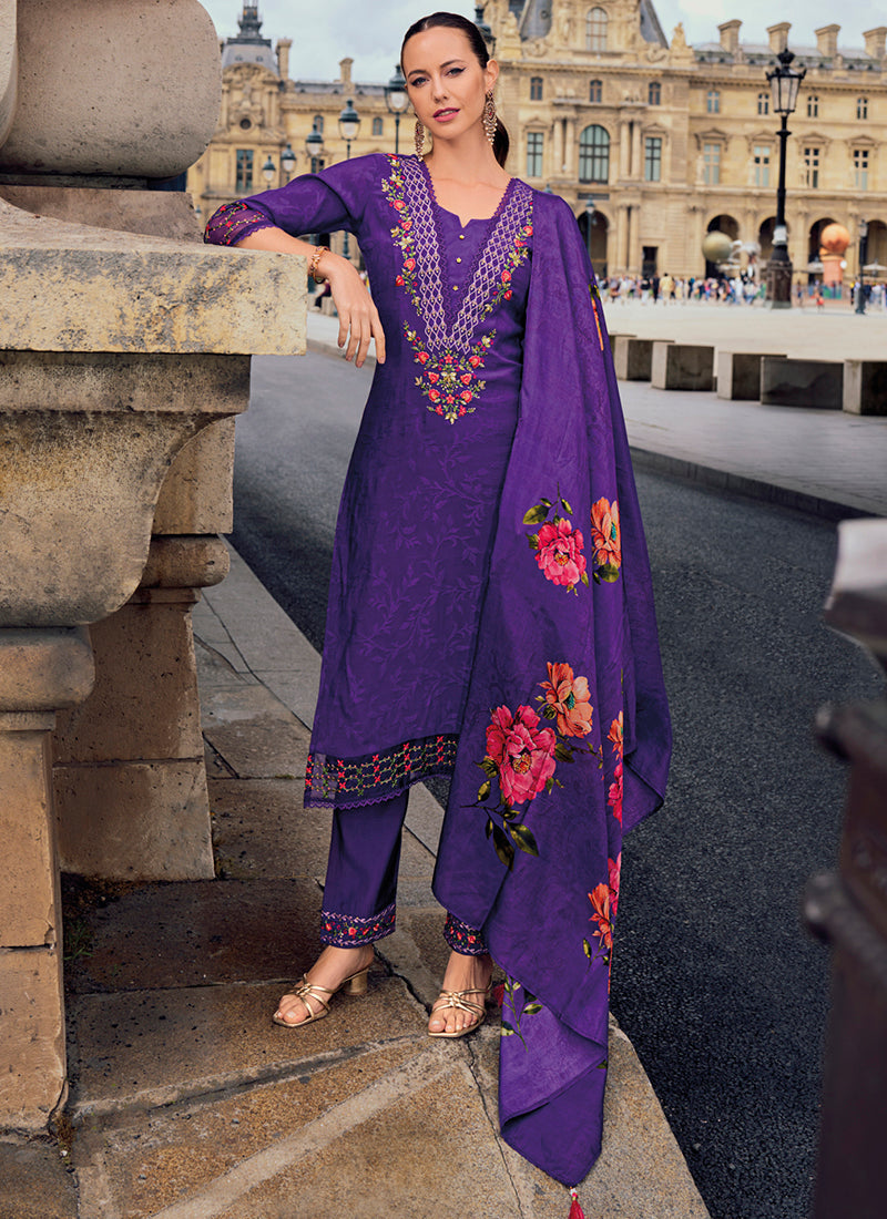 Vellora Viscose Silk Purple Ocassional Wear Embroidery Work Readymade Salwar Suit - Distacart