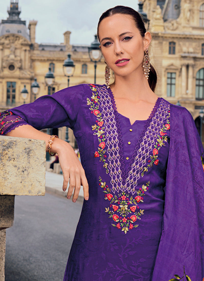 Vellora Viscose Silk Purple Ocassional Wear Embroidery Work Readymade Salwar Suit - Distacart