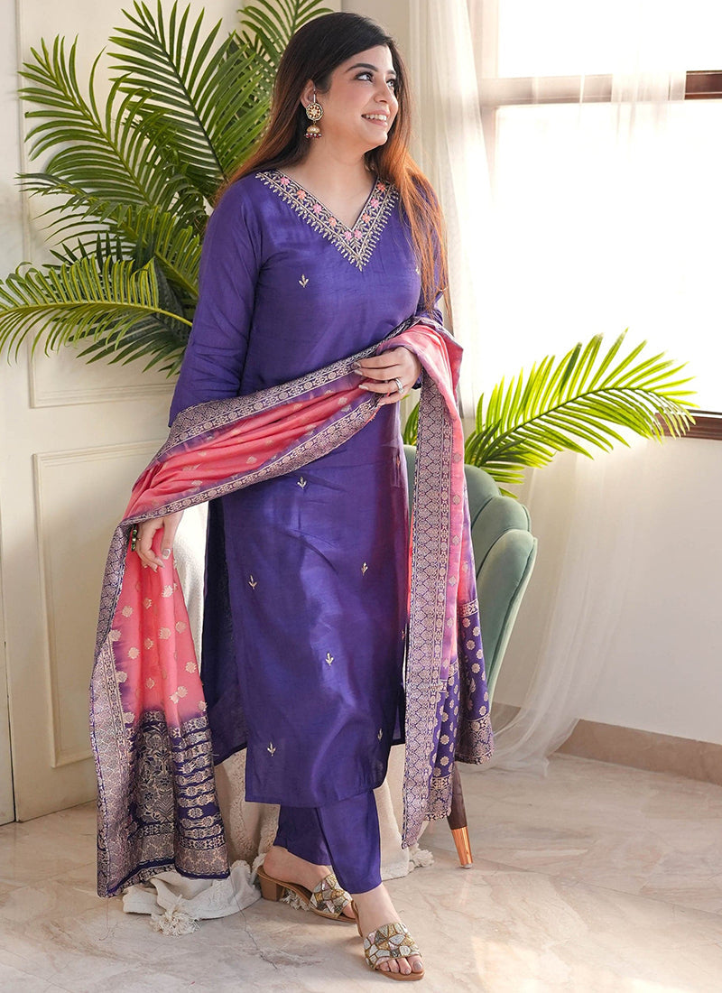 Vellora Vichitra Silk Violet Casual Wear Embroidery Work Readymade Salwar Suit - Distacart