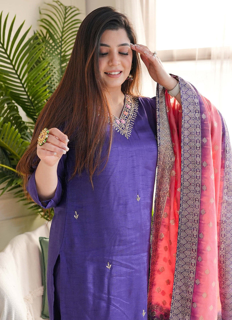 Vellora Vichitra Silk Violet Casual Wear Embroidery Work Readymade Salwar Suit - Distacart