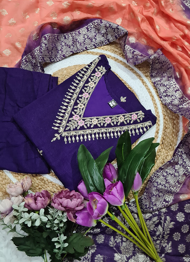 Vellora Vichitra Silk Violet Casual Wear Embroidery Work Readymade Salwar Suit - Distacart